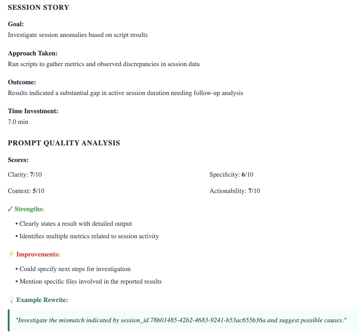 Coaching report showing session story (goal, approach taken, outcome, time investment) and prompt quality analysis (clarity 7/10, specificity 6/10, context 5/10, actionability 7/10) with strengths, improvements, and an example prompt rewrite
