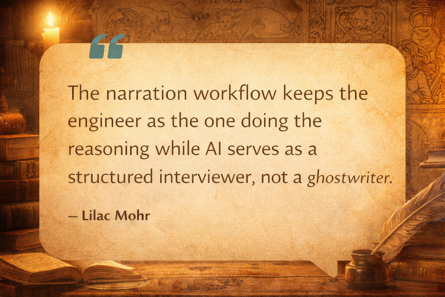 The narration workflow keeps the engineer as the one doing the reasoning while AI serves as a structured interviewer - not a ghostwriter.