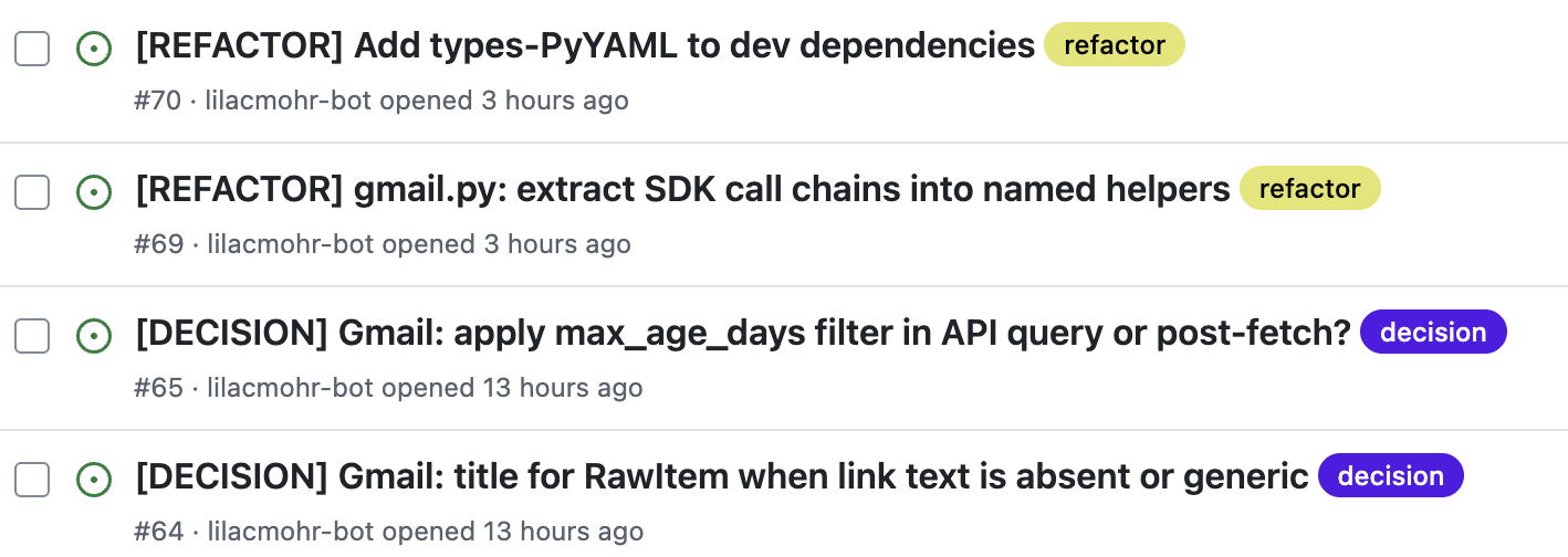 GitHub issues list showing DECISION and REFACTOR tickets opened by lilacmohr-bot